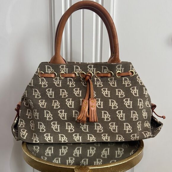 Dooney & Bourke Signature Monogram Tassel Tote Satchel Brown and Cream - Picture 1 of 13